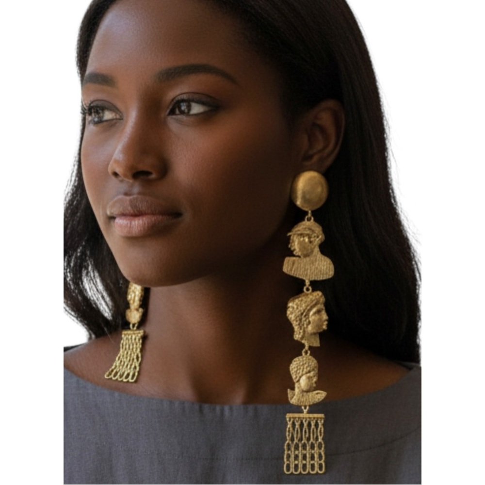 Roman Face Gold Dangle Clipon Earrings